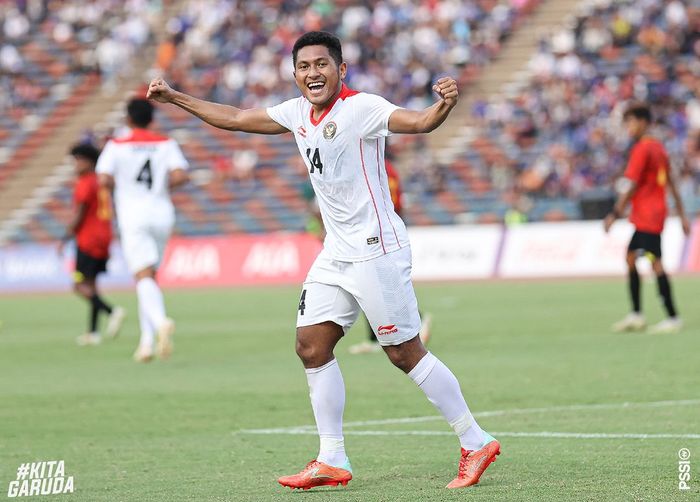 Fajar Fathurrahman merayakan gol yang dicetaknya ke gawang Timor Leste di SEA Games 2023.