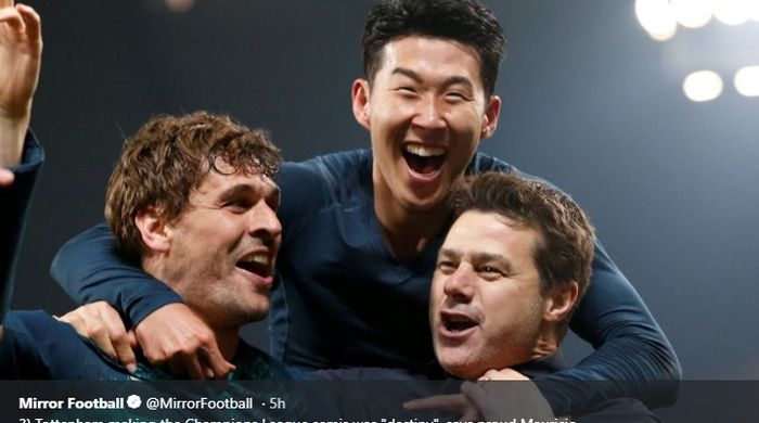 Mauricio Pochettino bersama Son Heung-min dan Fernando Llorente merayakan kesuksesan Tottenham Hotspur usai lolos ke semifinal Liga Champions 2018-2019.