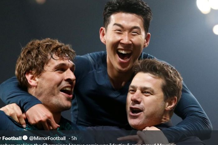 Mauricio Pochettino bersama Son Heung-min dan Fernando Llorente merayakan kesuksesan Tottenham Hotspur usai lolos ke semifinal Liga Champions 2018-2019.