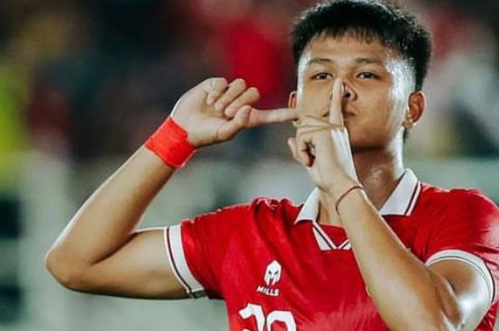 Selebrasi Hokky Caraka usai mencetak gol dalam laga Grup K Kualifikasi Piala Asia U-23 2023 antara timnas U-23 Indonesia vs Taiwan U-23 di Stadion Manahan, Solo, Jawa Tengah, Sabtu (9/9/2023).