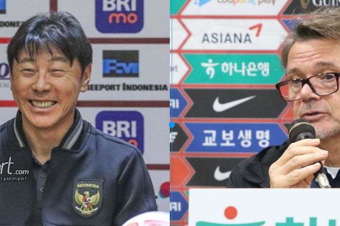 Pelatih Timnas Indonesia, Shin Tae-yong (kiri) dan pelatih timnas Vietnam, Philippe Troussier (kanan).