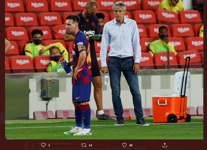 Bintang Barcelona, Lionel Messi, dan pelatih Quique Setien.