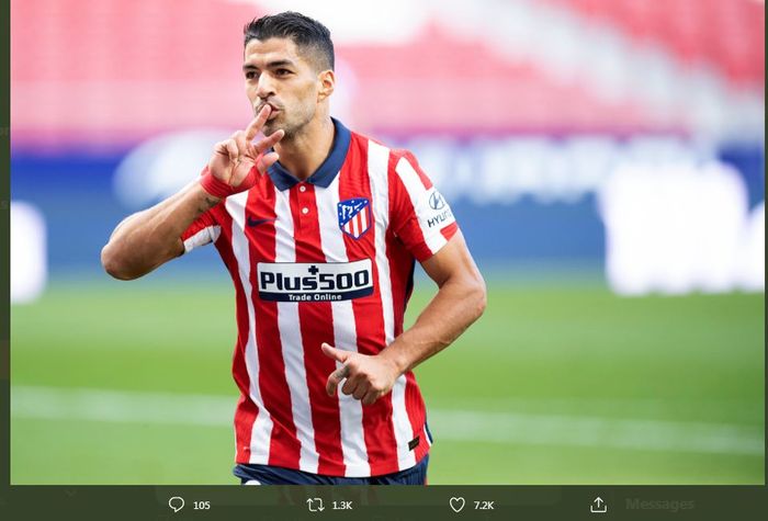 Luis Suarez merayakan golnya untuk Atletico Madrid dalam duel Liga Spanyol kontra Granada, 27 September 2020.