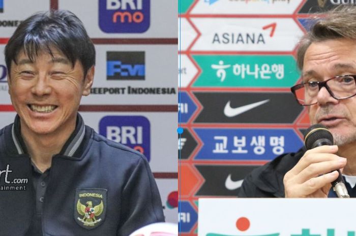 Pelatih Timnas Indonesia, Shin Tae-yong (kiri) dan pelatih timnas Vietnam, Philippe Troussier (kanan).