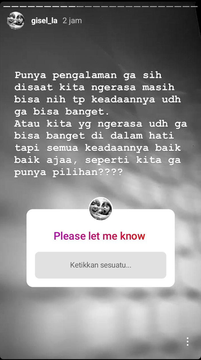 Curhat Gisella Anastasia di Instagram Story.