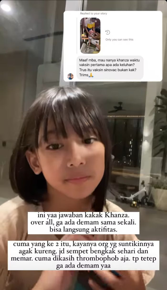 Unggahan Poppy Bunga saat membagikan pengalaman anaknya setelah vaksinasi.