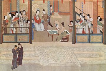 Pagi musim semi di istana Han, karya Qiu Ying (1494-1552); Menunjukkan banyak selir, kemewahan yang berlebihan, dan dekadensi pada akhir periode Dinasti Ming.