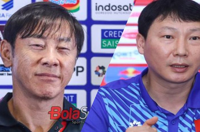 Kolase Foto Pelatih Timnas Indonesia, Shin Tae-yong (kiri) dan Pelatih Timnas Vietnam, Kim Sang-sik (kanan).