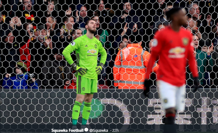 Ekspressi David De Gea setelah melakukan blunder yang membobol gawangnya sendiri di laga kontra Watford, Minggu (22/12/2019)