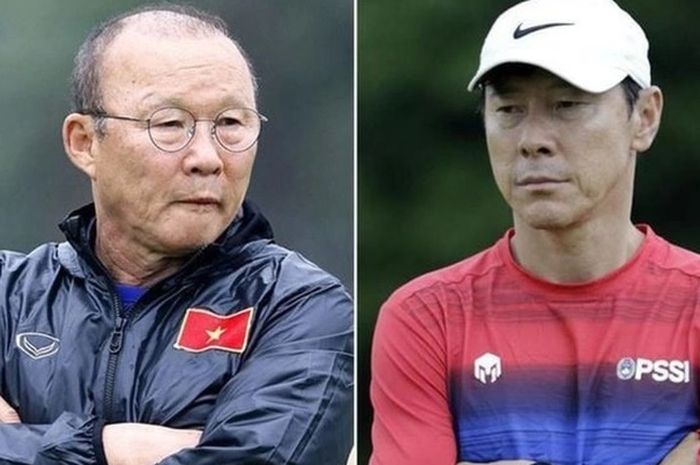 Eks pelatih Vietnam, Park Hang-seo (kiri) dan eks pelatih Timnas Indonesia, Shin Tae-yong (kanan).