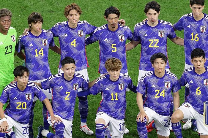 Skuad Timnas Jepang kala berhadapan dengan Tunisia di sebuah pertandingan persahabatan, Selasa (17/10/2023).