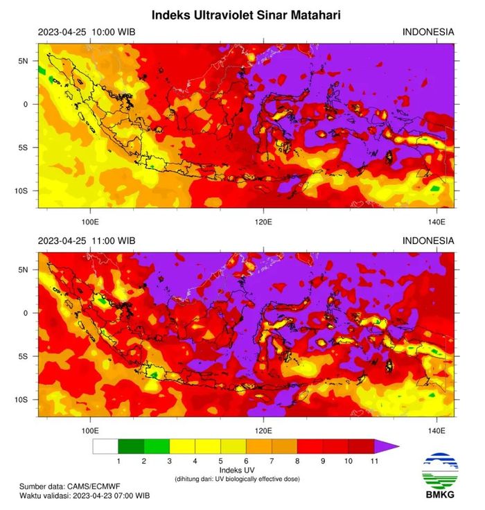 Pancaran sinar ultraviolet 25 April 2023. Masyarakat diimbau untuk tidak sering keluar ruangan dan menggunakan tabir surya.