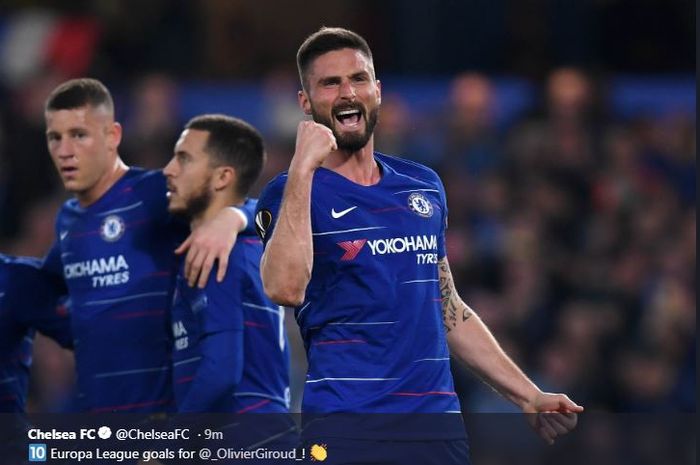 Bomber Chelsea, Olivier Giroud, mencetak gol ke gawang Slavia Prague dalam partai Liga Europa, 18 April 2019.