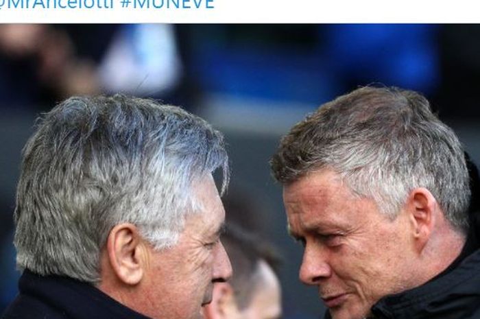 Melawan Manchester United di Liga Inggris, pelatih Everton, Carlo Ancelotti, sedikit lagi selevel Jose Mourinho.