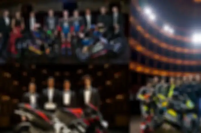 Ketiga skuat MotoGP launching di panggung teater, Mooney VR46 Racing Team (kanan); WithU Yamaha RNF MotoGP Team (kiri atas) dan Aprilia Racing (kiri bawah)