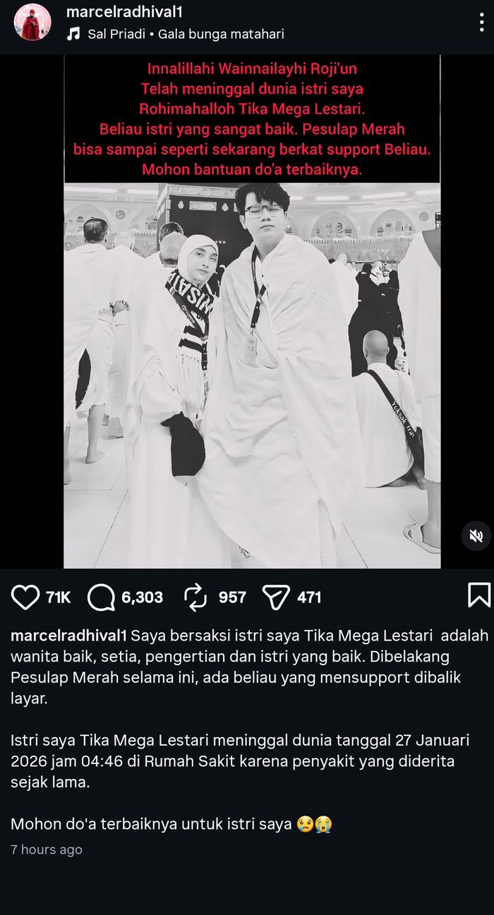 Istri Pesulap Merah, Tika Mega Lestari, yang meninggal dunia pada Selasa, 27 Januari 2026.