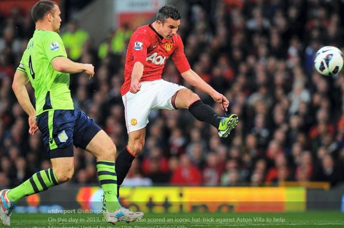 Robin van Persie mencetak gol indah saat Manchester United mencukur Aston Villa pada laga Liga Inggris di Old Trafford, 22 April 2013.