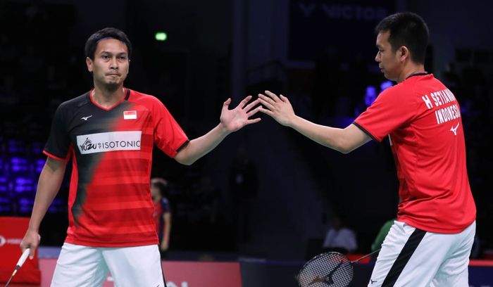 Pasangan ganda putra Indonesia, Mohammad Ahsan/Hendra Setiawan, menjalani laga babak kedua Denmark Open 2019 di Odense Sportspark, Kamis (17/10/2019).