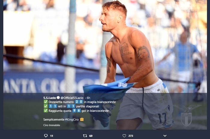 Selebrasi Ciro Immobile usai mencetak gol ke gawang Atalanta dalam laga Liga Italia di Stadio Olimpico Roma, Sabtu (19/10/2019).