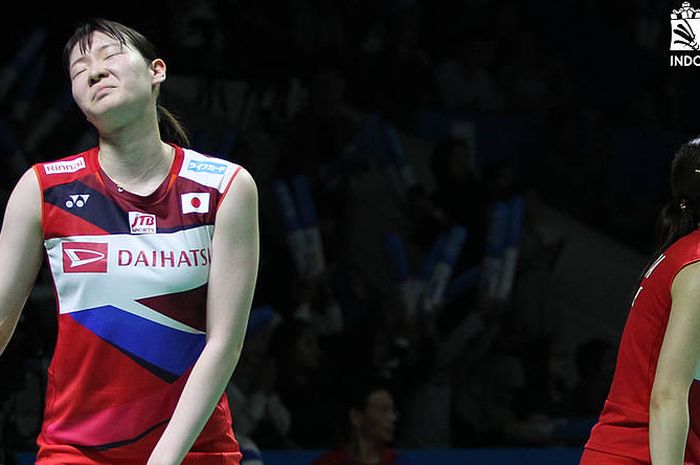 Pasangan ganda putri Indonesia, Mayu Matsumoto/Wakana Nagahara, tampil pada Indonesia Open 2019 di Istora Senayan, Jakarta.