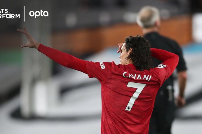 Edinson Cavani merayakan gol ke gawang Fulham di laga Fulham Vs Manchester United di Craven Cottage, Rabu (20/1/2021).