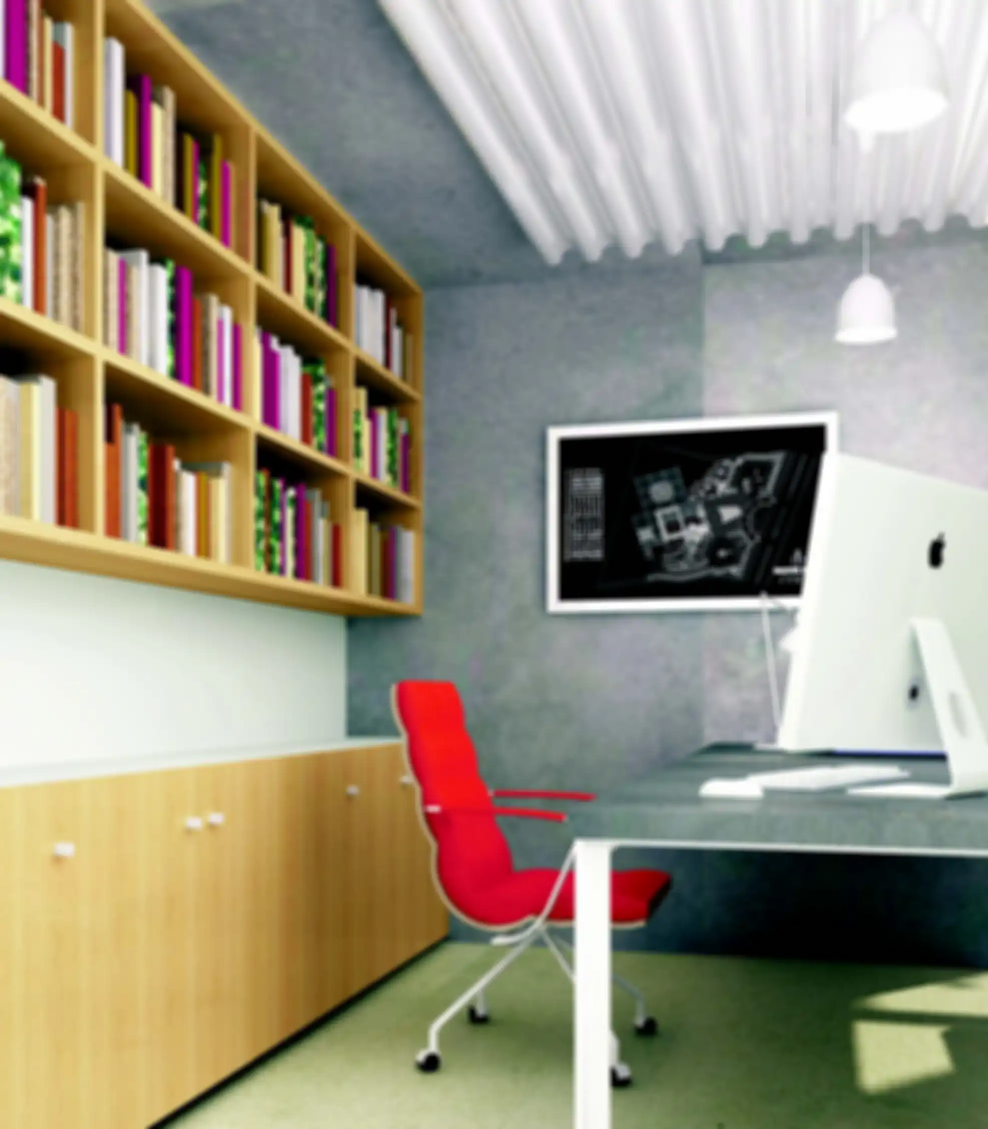 Inspirasi desain ruang kerja dengan material ekspos. 