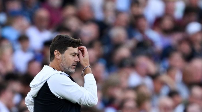 Reaksi Mauricio Pochettino dalam laga Chelsea melawan West Ham United pada lanjutan Liga Inggris di London Stadium (20/8/2023).