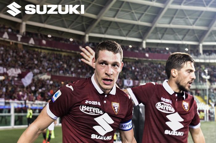 Selebrasi kapten Tornio, Andrea Belotti usai mencetak golk ke gawang AC Milan pada laga lanjutan giornata kelima Liga Italia di Stadion Grande Torino, Kamis (26/9/2019) atau Jumat dini hari WIB.