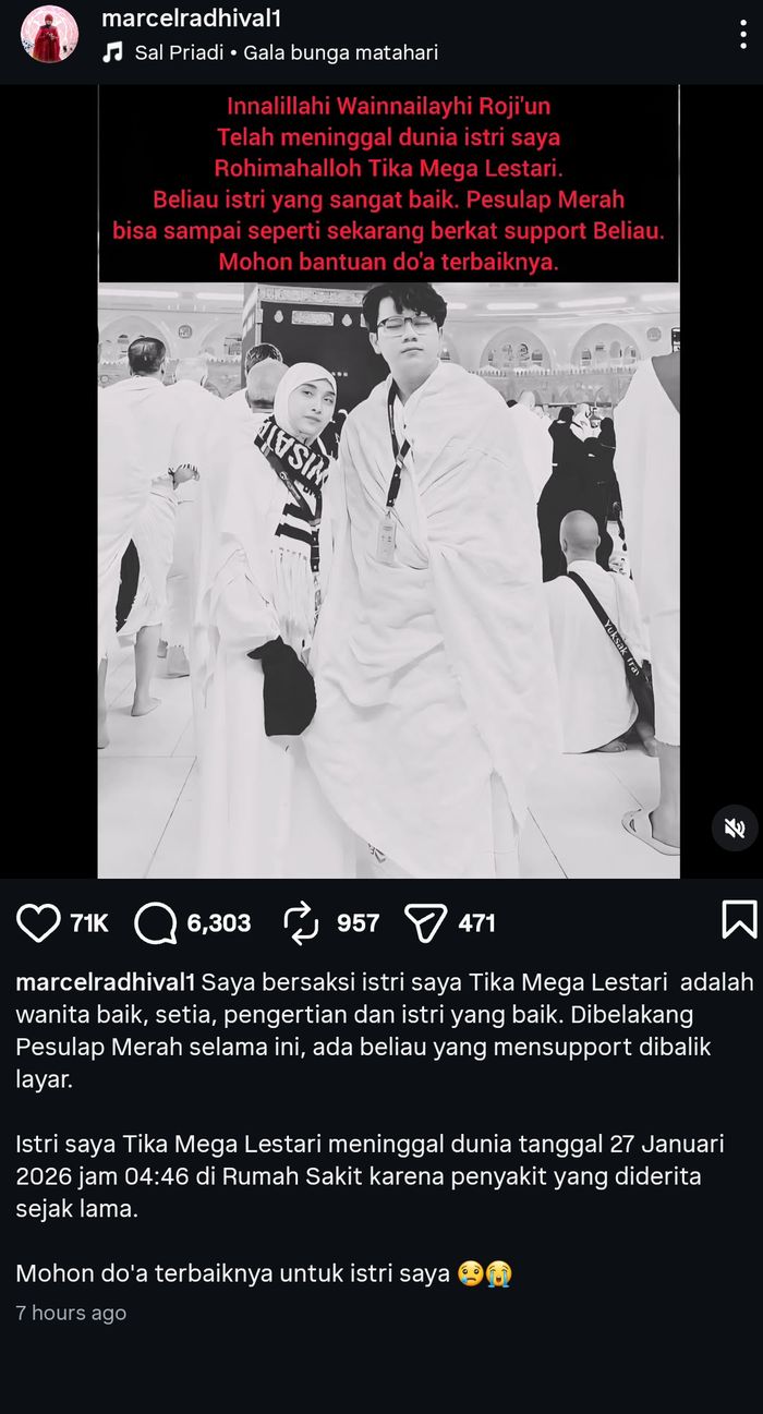 Istri Pesulap Merah, Tika Mega Lestari, yang meninggal dunia pada Selasa, 27 Januari 2026.