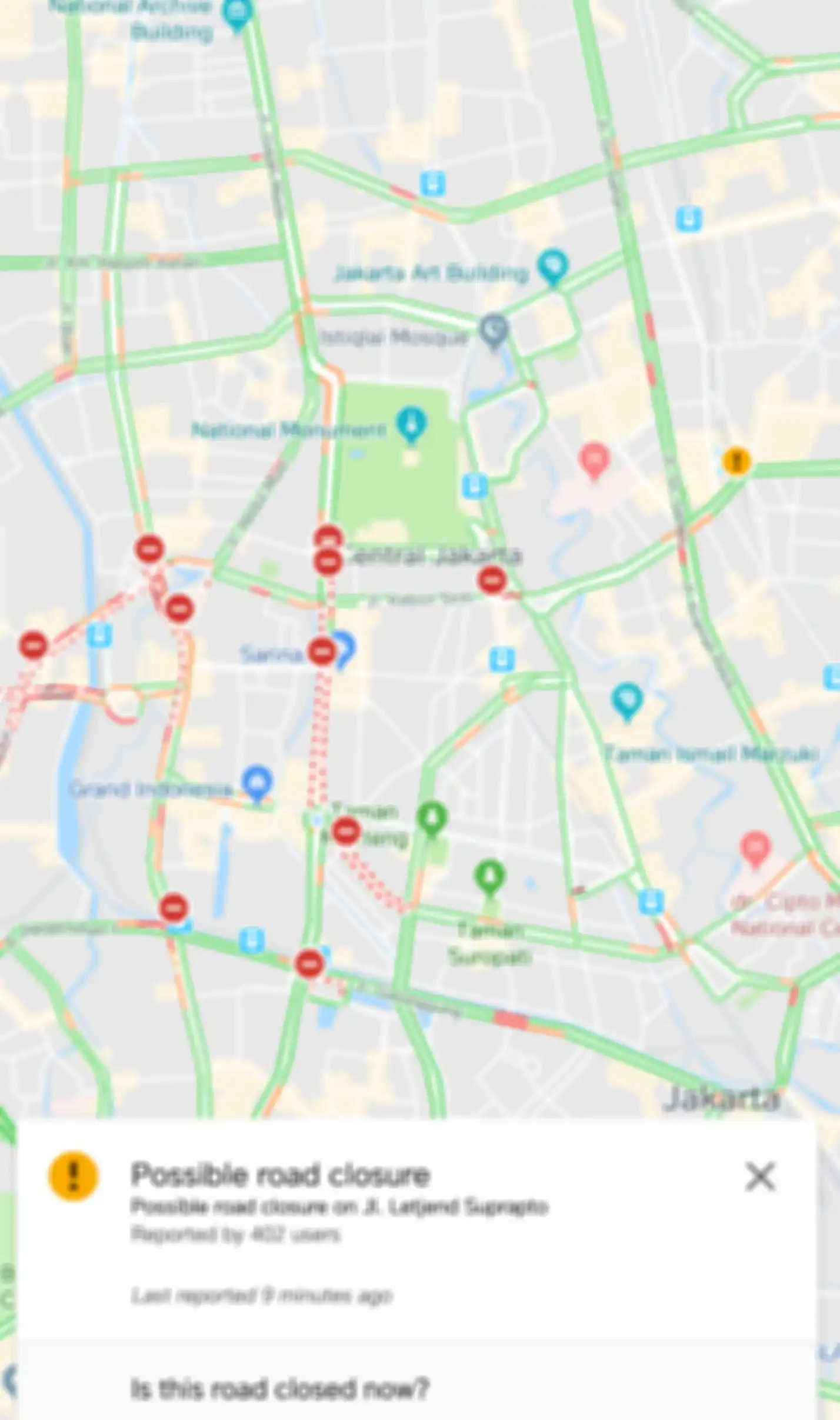 Contoh laporan di GMaps tentang potensi jalan ditutup