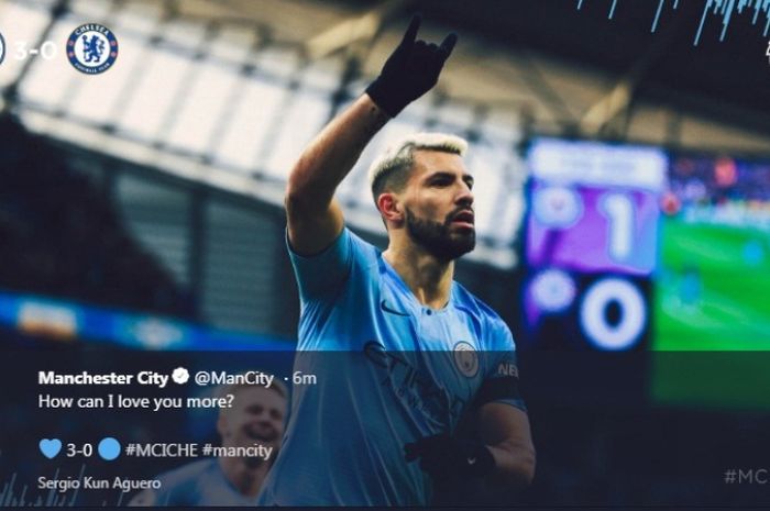 Striker Manchester City, Sergio Aguero, merayakan gol ke gawang Chelsea pada laga Liga Inggris di Etihad Stadium, Minggu (10/2/2019)