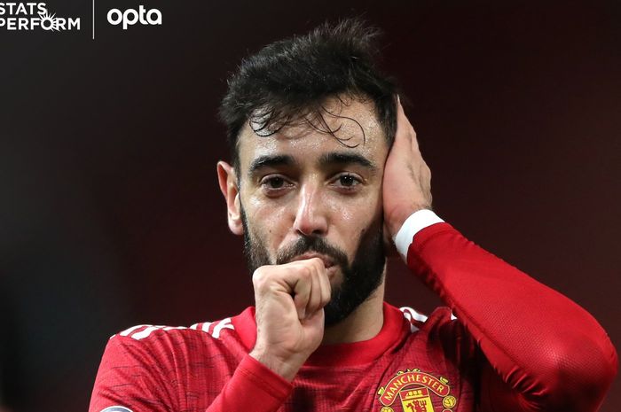 Selebrasi pemain Manchester United, Bruno Fernandes usai mencetak gol ke gawang Leeds United, dalam laga pekan ke-14 Liga Inggris, di Old Trafford, Minggu (20/12/2020).