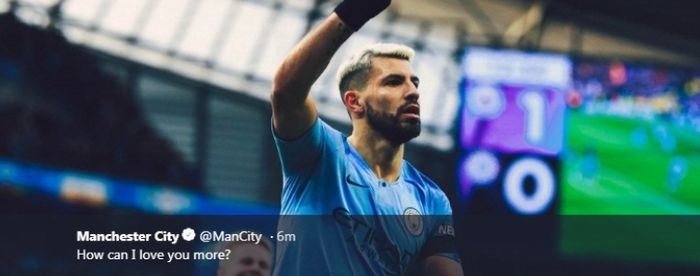 Striker Manchester City, Sergio Aguero, merayakan gol ke gawang Chelsea pada laga Liga Inggris di Etihad Stadium, Minggu (10/2/2019)