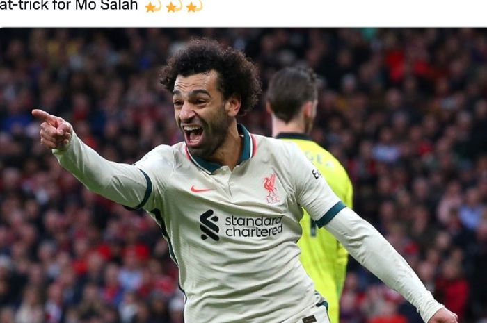 Penyerang Liverpool, Mohamed Salah, mencetak hattrick ke gawang Manchester United pada laga di Old Trafford, Inggris, Minggu (24/10/2021)