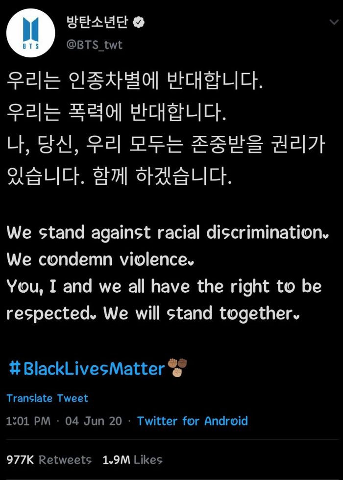 Unggahan BTS tentang #BlackLivesMatter