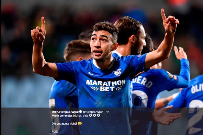 Selebrasi Munir El Haddadi saat membawa Sevilla mnang 5-2 atas Dudelange dengan skor 5-2 di Stade Josy Barthel, Luksemburg, Kamis (7/11/2019).