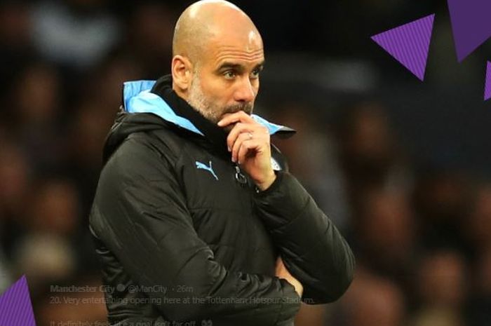 Ekspresi Pep Guardiola di laga Tottenham Hotspur Vs Manchester City, Minggu (22/2/2020).