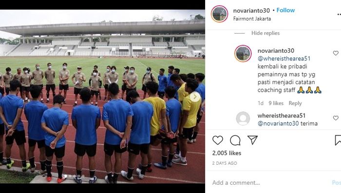 Suasana latihan timnas U-19 Indonesia sebagaimana diunggah oleh Nova Arianto di media sosial Instagram.