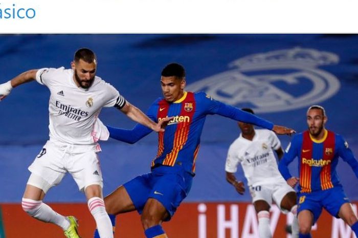 Karim Benzema mencetak gol dengan backheel ke gawang Barcelona dalam partai bertajuk el clasico di Stadion Alfredo di Stefano, Sabtu (10/4/2021) atau Minggu dini hari WIB.