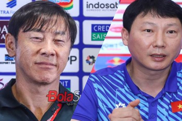 Kolase Foto Pelatih Timnas Indonesia, Shin Tae-yong (kiri) dan Pelatih Timnas Vietnam, Kim Sang-sik (kanan).