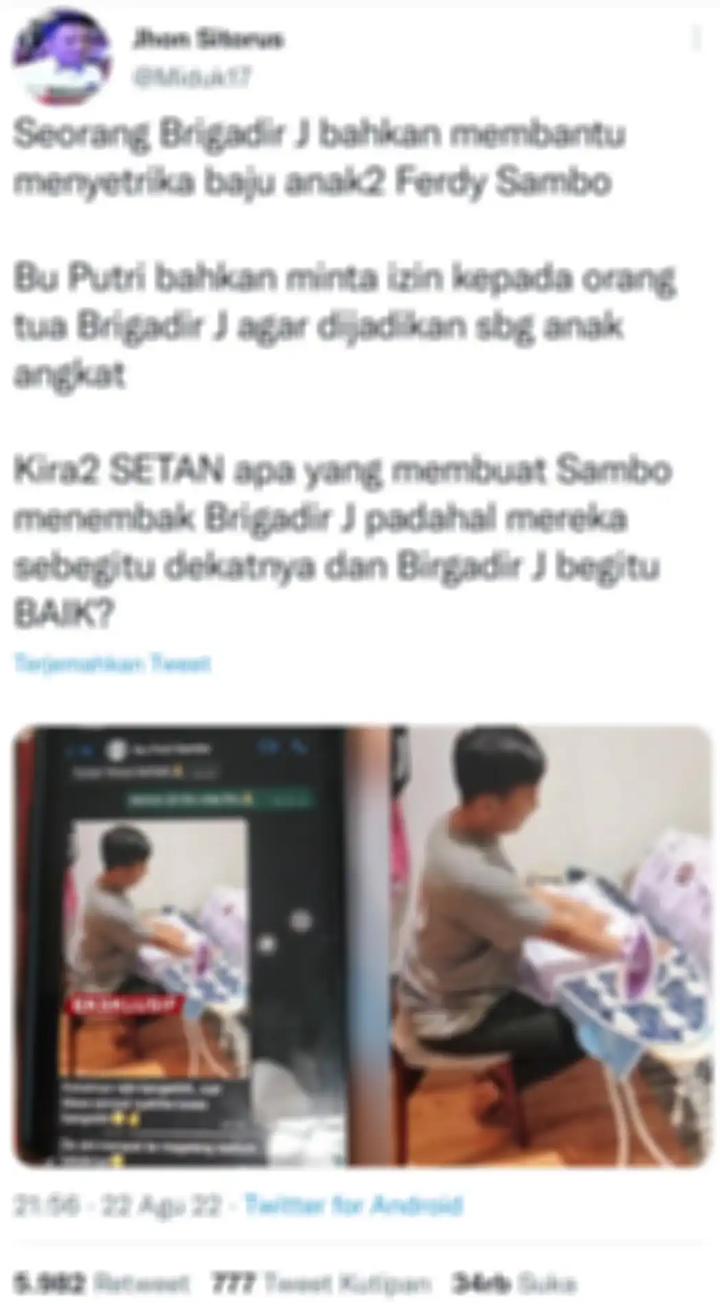 Foto Brigadir J menyetrika baju diduga milik anak-anak Irjen Ferdy Sambo dan Putri Candrawathi.