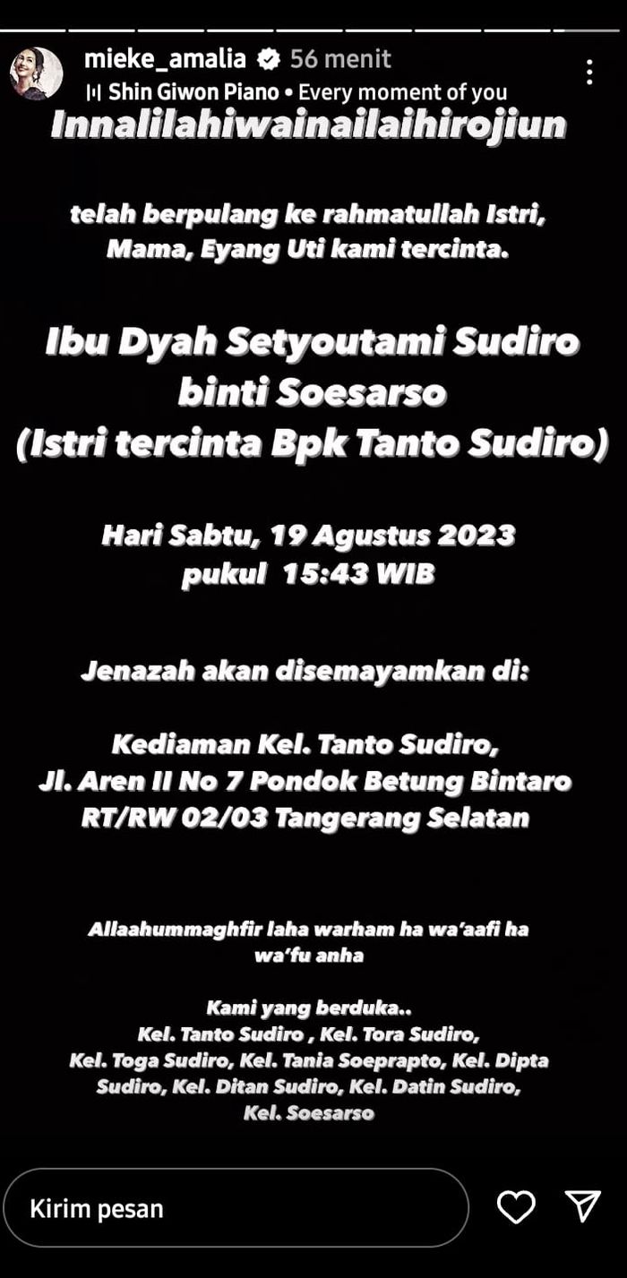 Mieke Amalia menyampaikan kabar duka meninggalnya ibunda Tora Sudiro, Dyah Setyoutami Sudiro
