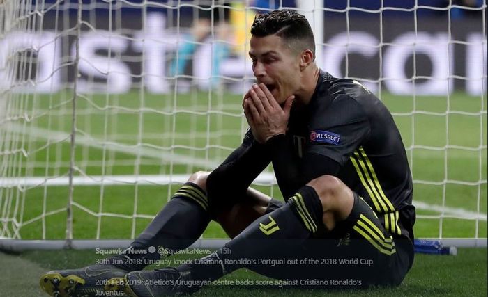 Penyerang Juventus, Cristiano Ronaldo, berekspresi dalam laga leg I babak 16 besar Liga Champions kontra Atletico Madrid di Stadion Wanda Metropolitano, 20 Februari 2019.