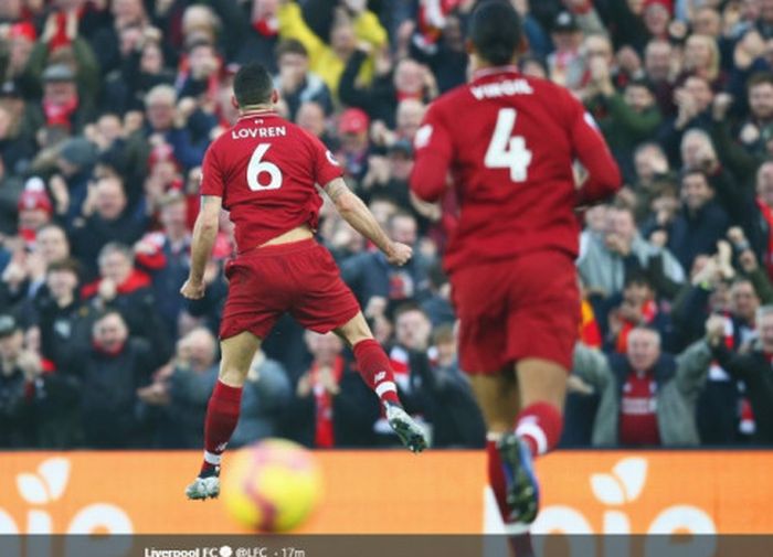 Selebrasi Dejan Lovren saat membobol gawang Newcastle United di Stadion Anfield dalam lanjutan Liga Inggris.