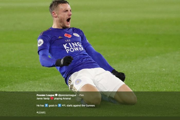 Selebrasi Jami Vardy usai membobol gawang Arsenal di King Power Stadium, pada lanjutan pekan ke-12 Liga Inggris, Sabtu (9/11/2019).