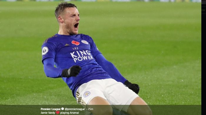 Selebrasi Jami Vardy usai membobol gawang Arsenal di King Power Stadium, pada lanjutan pekan ke-12 Liga Inggris, Sabtu (9/11/2019).