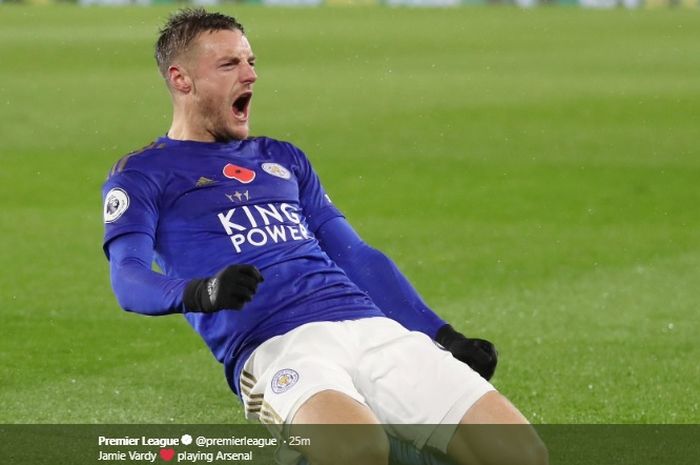 Selebrasi Jami Vardy usai membobol gawang Arsenal di King Power Stadium, pada lanjutan pekan ke-12 Liga Inggris, Sabtu (9/11/2019).