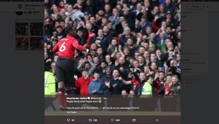 Selebrasi Paul Pogba usai mencetak gol ke gawang West Ham United di Old Trafford pada pekan ke-34 Liga Inggris, Sabtu (13/4/2019)