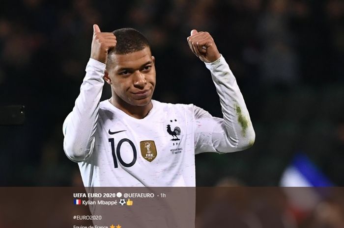 Selebrasi Kylian Mbappe usai menjebol gawang Moldova di Stadion Zimbru, pada laga kualifikasi Piala Eropa 2020, Sabtu (23/3/2019)