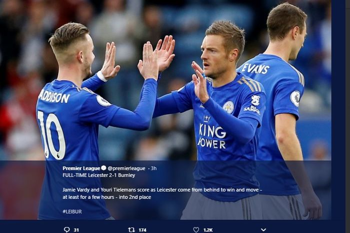 Selebrasi Jamie Vardy bersama James Maddison usai mencetak gol ke gawang Burnley dalam lanjutan pekan ke-9 Liga Inggris di King Power Stadium, Sabtu (19/10/2019)